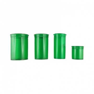 Boites pop top plastique en plusieurs tailles squeeze vert transparent vues de face